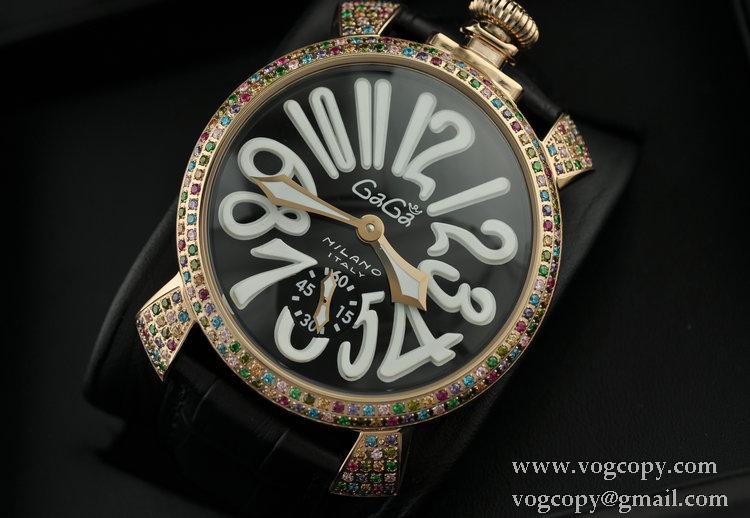 GaGaMILANO ガガミラノ腕時計 2針 機械式手巻き夜光効果 ダイヤベゼル ブラック ベルト