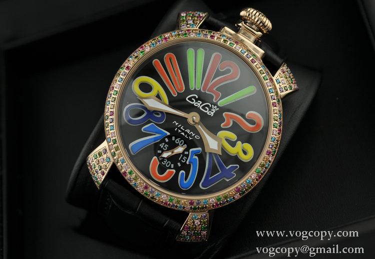 GaGaMILANO ガガミラノ腕時計 マルチカラーインデックス ブラック ベルト ダイヤベゼル 2針 機械式手巻き夜光効果