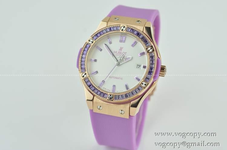 Hublotウブロ 女性用腕時計 自動巻き 3針クロノグラフ 日付表示 38MM ダイヤベゼル ラバー パープル