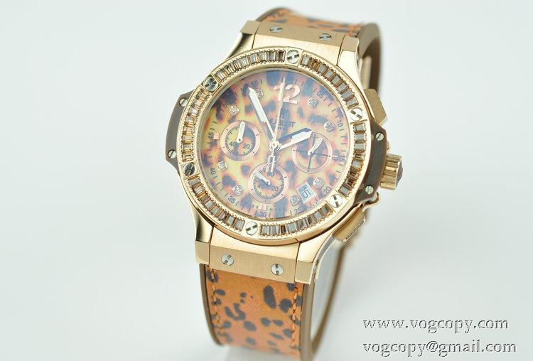 Hublotウブロ 女性用腕時計 日本製クオーツ 6針クロノグラフ 日付表示 ラバー 3799MM ダイヤベゼル 豹柄